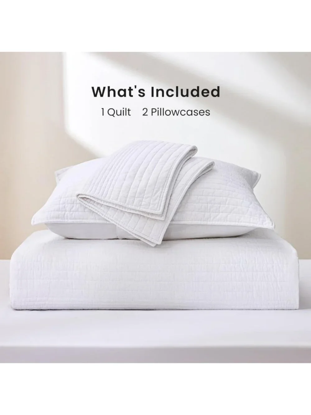 Queen Size 100% Cotton Quilt Set - Lightweight Striped Coverlet & 2 Pillow Shams